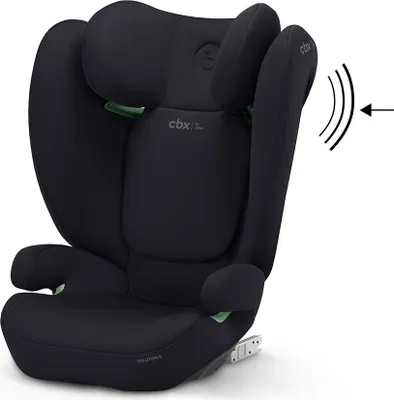 A black car seat for children against a white background.