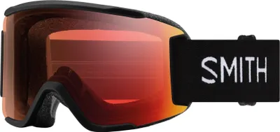 A pair of black ski goggles with a red and orange lens, and a black strap with the Smith logo.