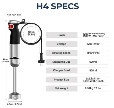 Obrázok produktu pre Sada tyčového mixéra 1500 W – 6 funkcií v jednom – nerezová tyč a 4 čepele – drvič 500 ml – odmerka 600 ml – metlička – čierna