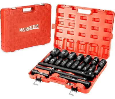 Image de Jeu de douilles pour clé à chocs, 22 pièces, entraînement 3/4", profondeur 90 mm, métriques, de 19 à 50 mm, en acier Cr-Mo, comprenant accessoires et mallette
