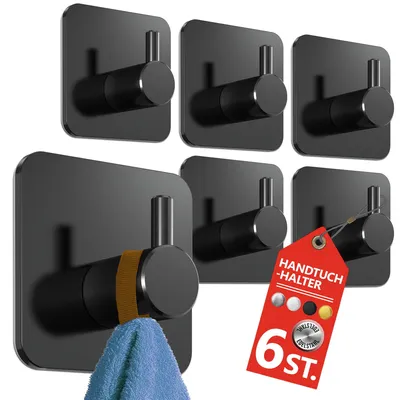Produktbild von Bohrfreies Handtuchhalter-Set, 6 Stück in Schwarz – Wasserdichte Handtuchhalter für Bad und Küche, Edelstahlhaken, selbstklebende Haken für Bad und Küche – Extra starke selbstklebende Handtuchhaken