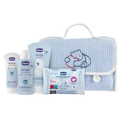 Produktbild von Chicco Natural Sensation Blue Körper- und Haarwäsche 200ml + Körperlotion 150ml + Windelcreme 4in1 100ml + 16x Reinigungstücher