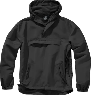 A black hooded windbreaker jacket.