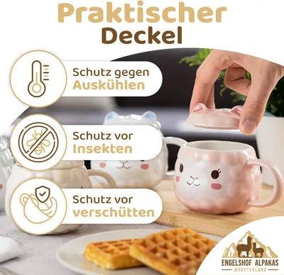 Produktbild von Engelshof Alpakatasse, Teetasse, Kaffeetasse, Alpaka Tasse mit Deckel in Rosa