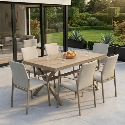 Produktbild von Gartenmöbel Set ISOLA/VERANO mit 6 Stühlen, Champagner - Wetterfest & UV-beständig, Tisch 180 x 76 x 100 mit WPC-Platte & Aluminiumgestell, 6 stapelbare Stühle, Outdoor Essgruppe für Terrasse & Balkon