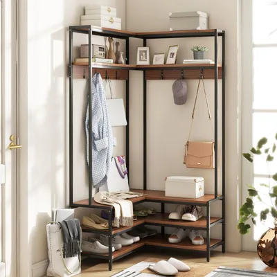 Obrázek produktu pro 178cm stojan na kabáty ve tvaru L, věšák s lavicí, policí a háčky, rohový věšák s průmyslovým designem (ořech)