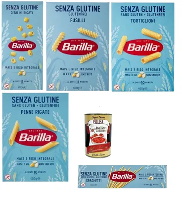 Produktbild von Barilla Senza Glutine Pasta Mix – 5×400 g (Ditalini, Fusilli, Tortiglioni, Penne, Spaghetti) aus Mais & Vollkornreis, al dente 9–11 Min.,  Italy + Italian Gourmet polpa
