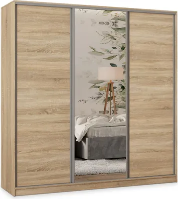 Produktbild von Masseno Schiebetürenschrank TARI 180/205/58 cm Kleiderschrank mit 4 Schubladen Schlafzimmer Schrank 3-türig mit Spiegel Sonoma Eiche