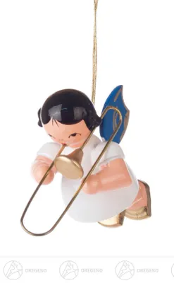 Produktbild von Christbaumschmuck Engel mit Posaune - Blaue Flügel - schwebend (5,5cm) von Kunstgewerbe Uhlig