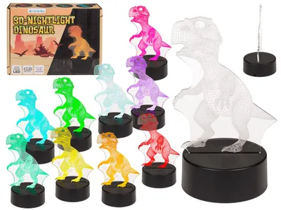 A collection of colorful 3D dinosaur nightlights displayed with their packaging.