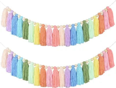 Produktbild von 2 Stück (Farbe 1) Regenbogen Quaste Girlande Baumwolle Holzperle Quaste Girlande Banner Wandbehang Pastell Quaste Banner Makramee gewebte Girlande