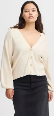 Image de Cardigan Ichi IHBOSTON pour femme, à boutons, col en V, manches bouffantes, coupe ample