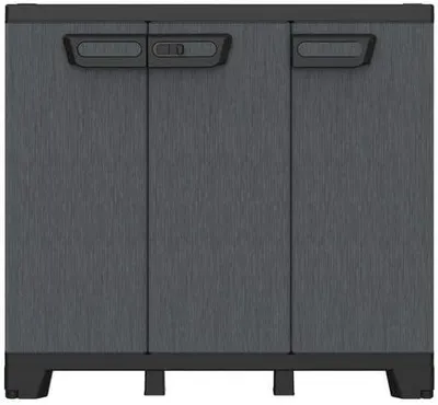 Produktbild von Dreitüriger Aufbewahrungsschrank Gartenschrank Kellerschrank aus Kunststoff in Schiefer Optik. Mit höhenverstellbaren Böden und abschließbaren Türen in 2 Größen. (Schrank mit 1 Einlegeboden)