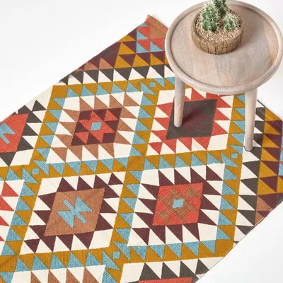 Produktbild von HOMESCAPES Baumwoll-Teppich Oslo mit Diamant-Muster in Orange, Braun und Gelb, 160 x 230 cm