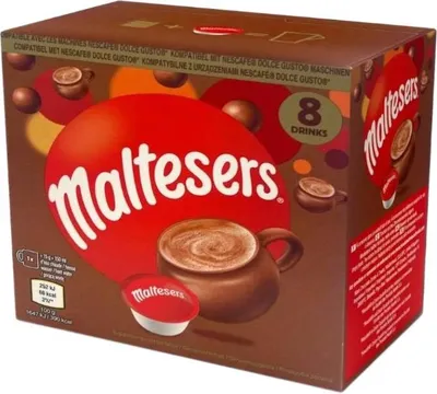 A box of Maltesers hot chocolate pods for Nescafe Dolce Gusto machines.