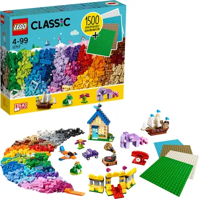 Produktbild von LEGO 11717 Classic extragroße Steinebox mit Bauplatten, Konstruktionsspielzeug mit Rädern, Fenstern, Türen und 4 Grundplatten, ab 4 Jahren