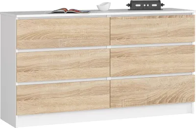 Produktbild von Akord Kommode 6 Schubladen Weiß/Sonoma Eiche 138X40X77 Cm