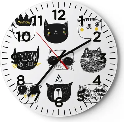 Produktbild von Wanduhr - Rund - Glasuhr - Katze Haustier Tiere Illustration - 40x40cm - Schleichendes Uhrwerk - Lautlos - zum Aufhängen bereit - Dekoration Modern - Wanddekoration aus Glas - C4AR40x40-2847