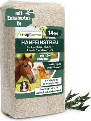 Produktbild von napfpower Hanfeinstreu (14 kg) mit Eukalyptus für Hühner, Kleintiere & Pferde – staubarmes Hanfstreu für Hühner & Nager – extrem saugfähiges & kompostierbares Hanf Einstreu für Tierställe