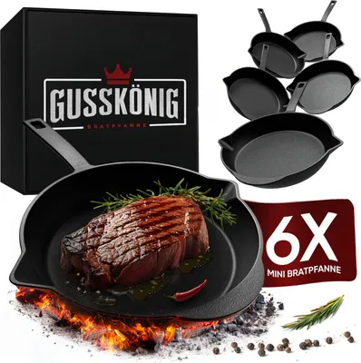 Produktbild von 6er Mini-Pfannen-Set aus Gusseisen Ø 13,5 cm – Servierpfannen für Induktion, Grill & Backofen, hitzebeständig und vielseitig