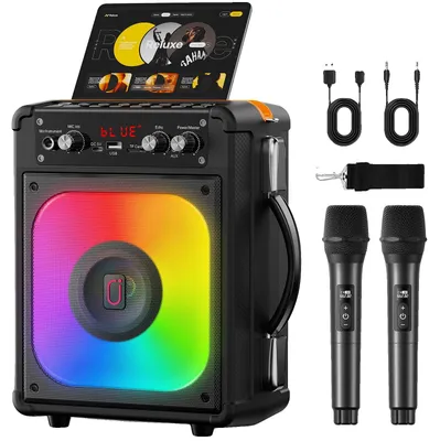 Imagen del producto de Máquina de karaoke, con una potencia de salida de 60W, 2 micrófonos inalámbricos, conectividad Bluetooth, y compatible con tarjetas USB y TF
