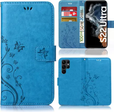 A collage of images showing a blue flip phone case with a floral and butterfly design, including views of the case open and closed, and a phone inserted.