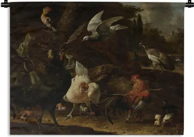 Produktbild von MuchoWow® Wandteppich Wandbehang Vögel in einem Park - Gemälde von Melchior d'Hondecoeter 150x112 cm Tapisserie Dekoration Wandtuch - Wanddecke - Wandteppiche