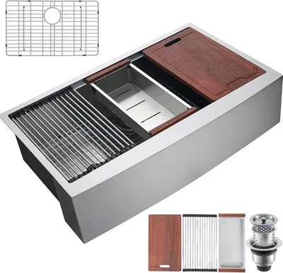 Immagine prodotto di Miscelatore per cucina in stile rustico, WC in acciaio inossidabile, lavabo da incasso con sifone e accessori, ideale per uffici, cucine di preparazione e bar, 36 pollici