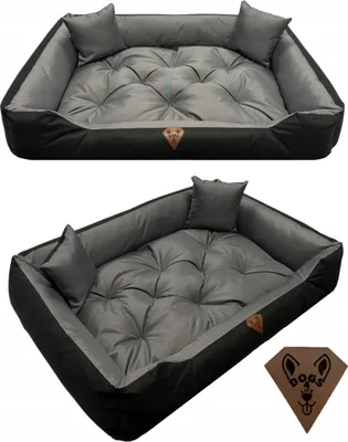 A collage of two images showing a large dog bed from different angles, with a separate logo tag.