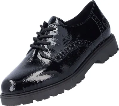 A single black patent leather shoe on a white background.