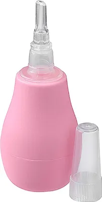 A pink manual nasal aspirator with a clear tip and a clear cap is shown against a white background.