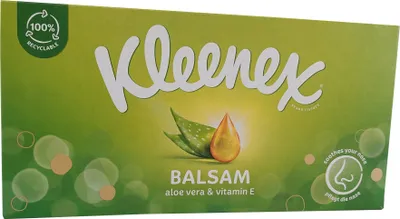 A box of Kleenex Balsam tissues with aloe vera and vitamin E.
