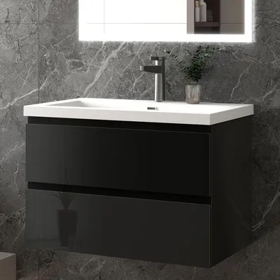 Produktbild von 80 cm Badmöbel-Set Unterschrank mit Rechteckiges Waschbecken 2 Schubladen soft-close Hochglanz Schwarz Selbstmontierter