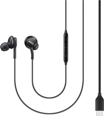 A pair of black wired earphones with a USB-C connector and an inline remote.