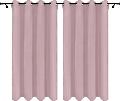 Two pink curtains hanging on a black curtain rod against a white background.
