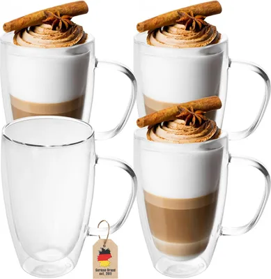 Immagine prodotto di Intirilife 4x set di bicchieri termici a doppia parete da 400 - 500 ml - bicchieri termici in vetro soffiato a bocca isolati per latte macchiato e tè con manico