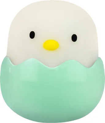 A cute, cartoon-like chick hatching from an eggshell.