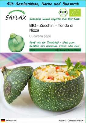 Produktbild von SAFLAX - Geschenk Set - BIO - Zucchini - Tondo di Nizza - 5 Samen - Mit Geschenk- / Versandbox, Versandaufkleber, Geschenkkarte und Anzuchtsubstrat - Cucurbita pepo