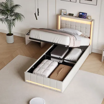 Produktbild von REMZETTA Polsterbett 90x200 cm Beige mit LED, Stauraum, USB-C & hydraulischem Lattenrost
