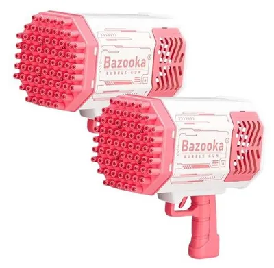 Zwei rosa-weiße Bazooka-Blaspistolen, Vorderseite mit mehreren Blasdüsen und Seite mit Abzug