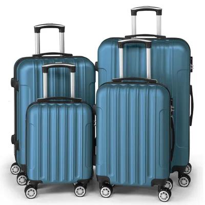 A set of four blue hard-shell suitcases of varying sizes are displayed against a white background.