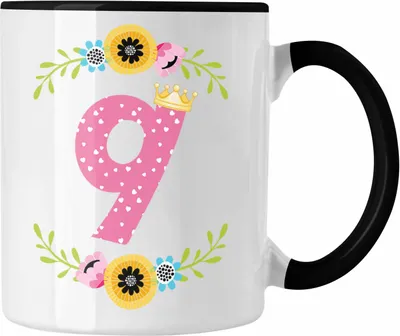 Produktbild von Trendation - 9. Geburtstag Mädchen Tasse Geschenk zum Neunten Geburtsagsparty Grafik Krone  9 Jahre Alt (Schwarz)
