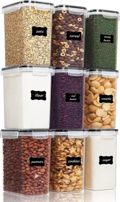 Image de Ensemble de 9 boîtes de conservation Unyqoos® de 2 litres, hermétiques, en plastique sans BPA, pour céréales et aliments secs, empilables, avec 24 étiquettes, de couleur noire