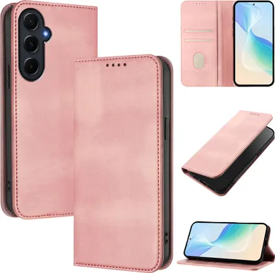 Image de Étui pour Samsung Galaxy A55, étui en cuir vintage avec protection RFID, fentes pour cartes, support Rose