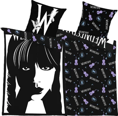 A bedding set featuring a graphic of Wednesday Addams and repeating patterns of violins and the word 'Wednesday'.