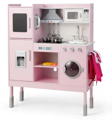 Immagine prodotto di Cucina giocattolo per bambini regolabile in altezza, con luci e suoni, realizzata in legno e completa di accessori. Include lavello, fornello, forno. Cucina giocattolo grande