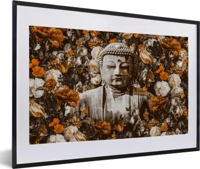 Produktbild von MuchoWow® MuchoWow® Gerahmtes Poster Buddha - Blumen - Orange 60x40 cm - Poster mit zchwarzem Bilderrahmen - Schlafzimmer - Plakat in Rahmen - Drucken