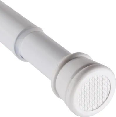 Close-up view of the end of a white adjustable tension rod.