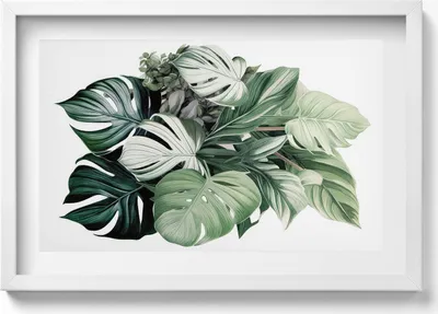 Produktbild von Bemalte Monstera-Blätter– Wandbild mit Rahmen – Gerahmtes Bild  – Wanddekoration – 60x40 cm –  Schwarz Rahmen