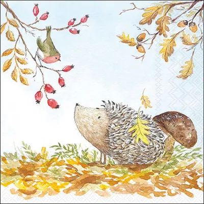 Produktbild von 20 Servietten Forest Friends - Herbstcomic Igel und Vogel 33x33cm
